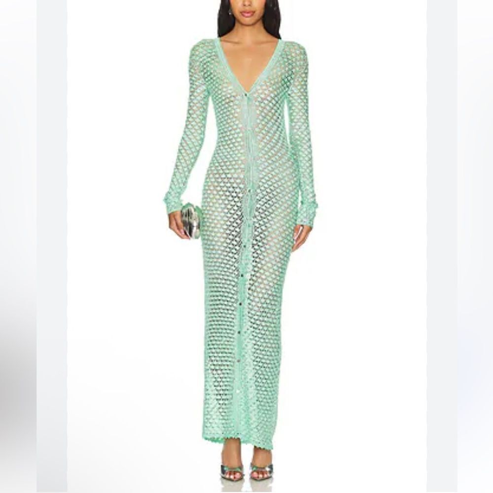 SER.O.YA Allison Crochet Cardigan Seafoam green maxi dress duster NWT M/L